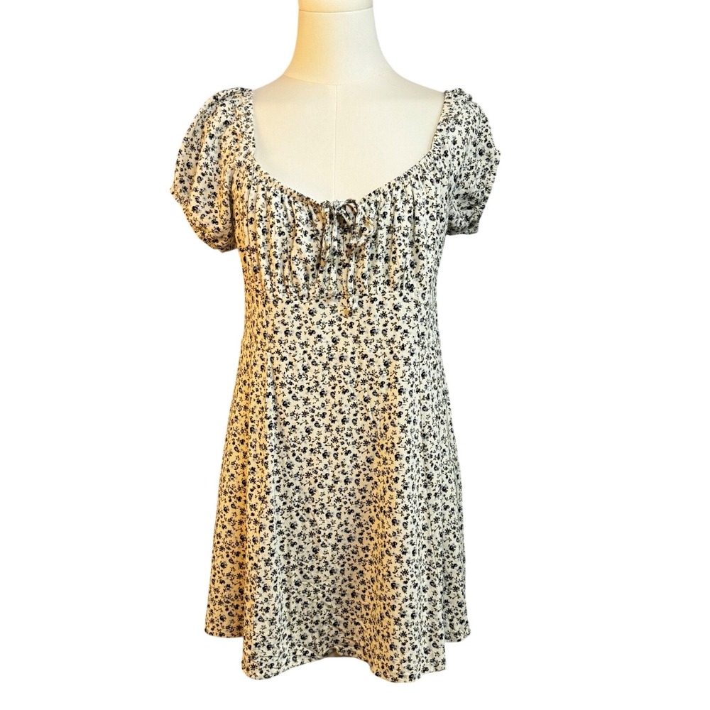 LA Hearts Y2K Milkmaid Mini Dress Cream Blue Puff Sleeve Size L Cottagecore Boho